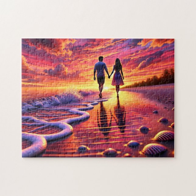 Beachside Romance Couple Sunset Walk By the Sea (Horizontal)