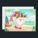 Beachside Santa Weihnachtskarte Feiertagskarte<br><div class="desc">Schenken Sie herzliche Feiertage mit dieser Weihnachtskarte mit dem Weihnachtsmann am Strand, der einen Anzug trägt und Geschenke an Bord trägt. (Vector erstellt von jcomp - www.freepik.com). Die Karte lässt sich leicht mit Ihren Formulierungen, Schriftart und Schriftart anpassen. Nicht genau das, was Sie suchen? Alle unsere Produkte können auf Ihre...</div>