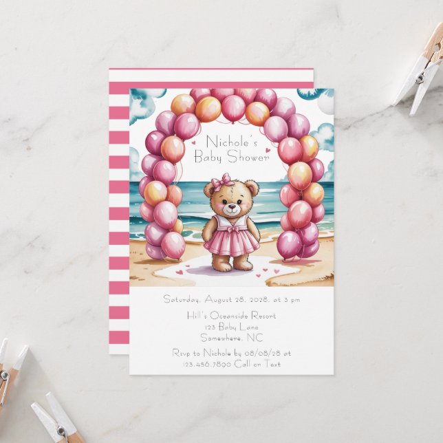 Beachside Teddy Bear Balloon Girl Baby Dusche Einladung (Vorderseite/Rückseite Beispiel)