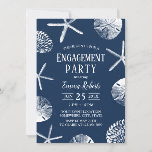 BeachWedding Navy Blue Seashells Engagement Party Einladung