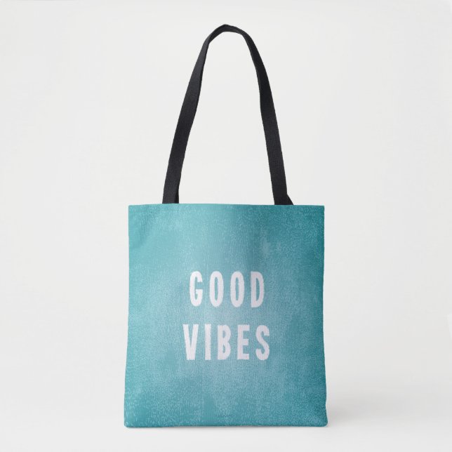 Beachy Aqua Blau/Grün gestört Print Good Vibes Tasche (Vorderseite)