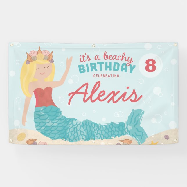 Beachy Birthday Mermaid Peach Aquamarin Banner (Horizontal)