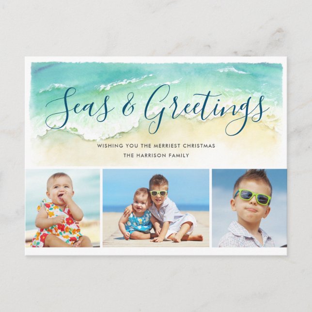 Beachy Blue 3-Foto Seas & Greetings Holiday Postkarte (Vorderseite)