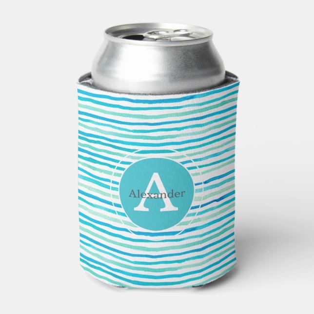 Beachy Blue Stripes Monogramm Personalisiert Dosenkühler (Kanne Vorderseite)