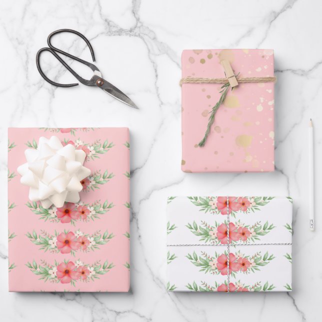 Beachy Boho Blumengrün & Gold Speck Set von 3 Geschenkpapier Set (Vorderseite)