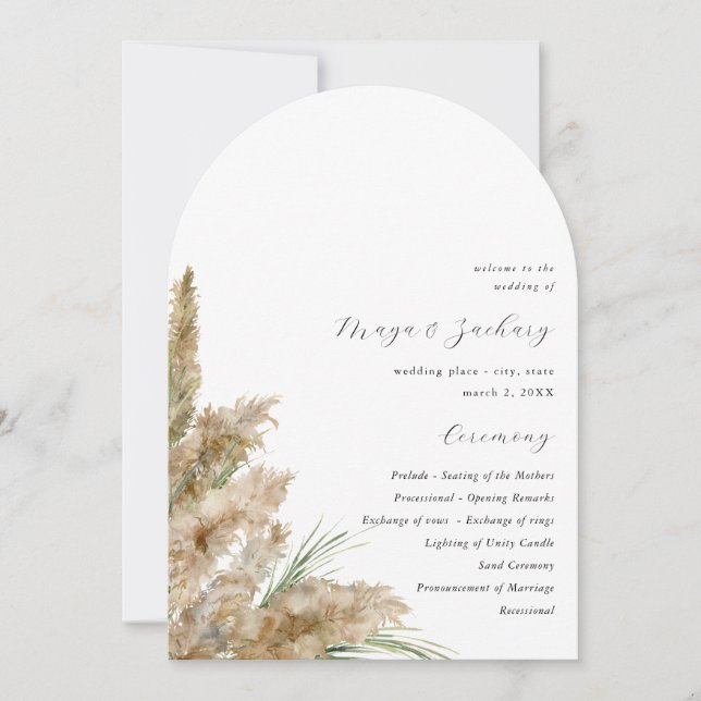 Beachy Boho Pampas Programme de mariage en herbe A (Devant)