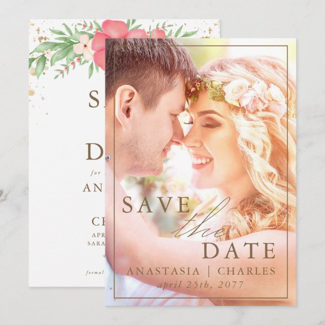 Beachy Boho Pink & Elfenbeingrüne Foto Save The Date (Vorne/Hinten)