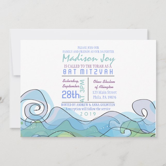 BEACHY Ocean Wave Bar Bat Mitzvah Einladung (Vorderseite)