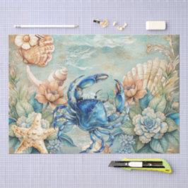 Beachy Pastel Blue Crab & Shells Decoupage Seidenpapier