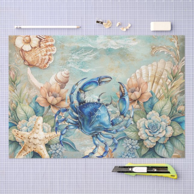 Beachy Pastel  Blue Crab & Shells Decoupage  Seidenpapier (Handwerk)
