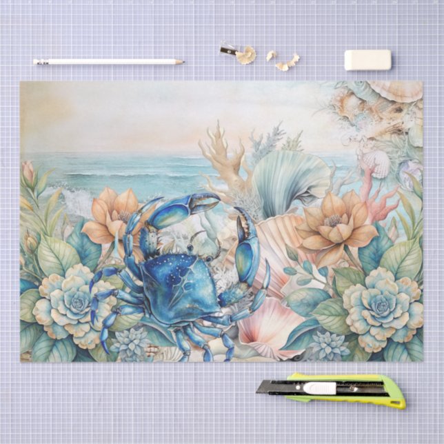 Beachy Pastel  Blue Crab & Shells Decoupage  Seidenpapier (Handwerk)