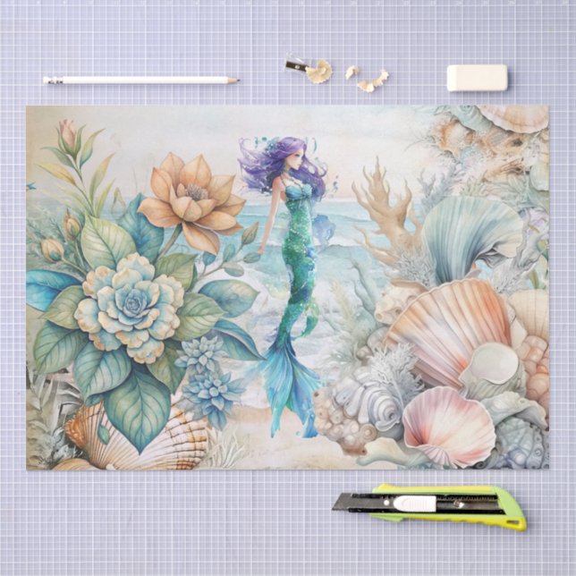 Beachy Pastel  Floral Mermaid & Shells Decoupage  Seidenpapier (Handwerk)