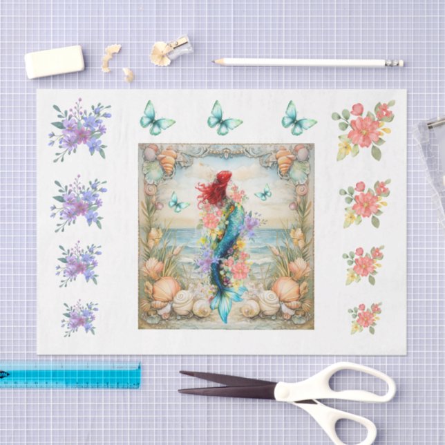 Beachy Pastel  Floral Mermaid & Shells Decoupage  Seidenpapier (Handwerk)