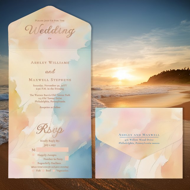 Beachy Sunset Gradient Rose Gold Foil Wedding All-in-One-Einladung (Beachy Sunset Gradient Wedding Rose Gold Foil All in One Invitation with Removeable Tearaway RSVP)