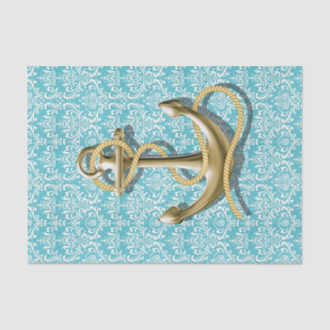 beachy Türkisdamast-Goldnautischanker Seidenpapier (Vorderseite)