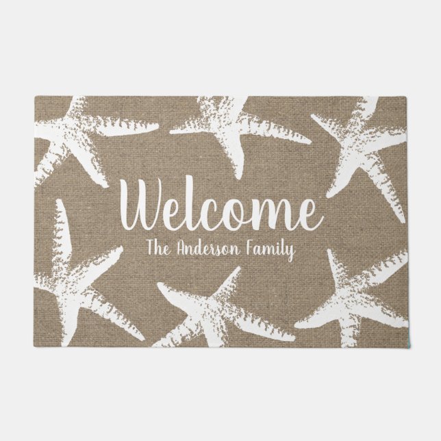 Beachy weiße Starfish-Imitat-Küstenleinwand Fußmatte (Vorderseite)