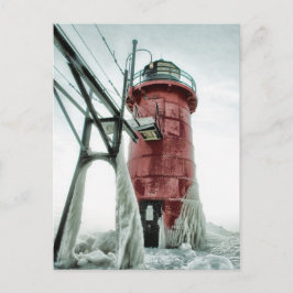 Beacon Frozen Red South Haven Leuchtturm Winter Postkarte