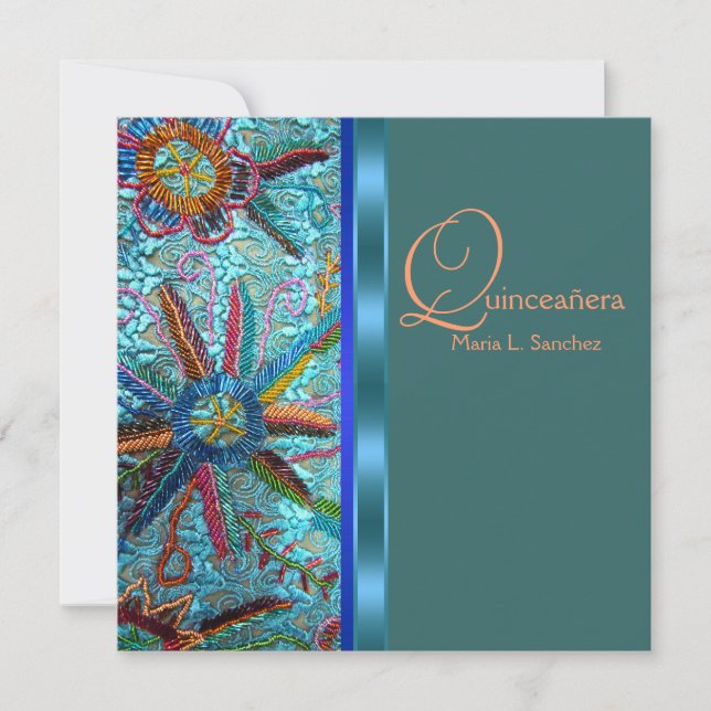 Beaded Türkise Blue Orange Quinceanera Einladung (Vorderseite)
