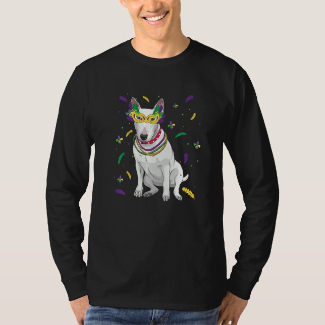 Beads & Mask Bull Terrier Mardi Gras Mama Vater T-Shirt (Vorderseite)