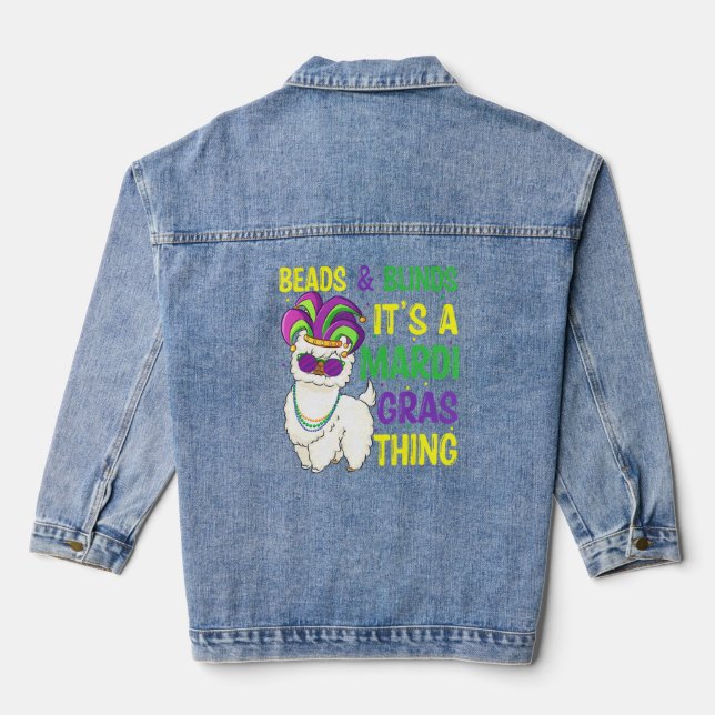 Beads und Masken Mardi Gras Llama Alpaca für Männe Jeansjacke (Rückseite)