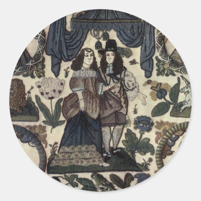 Beadwork Embroidery Charles II und Seine Königin Runder Aufkleber (Vorderseite)