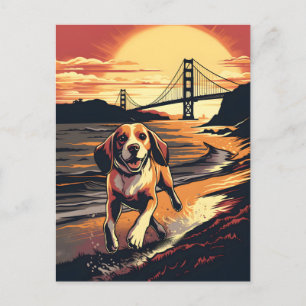 Beagle an der Golden Gate Bridge bei Sonnenunterga Postkarte