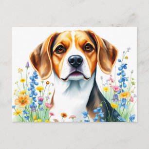 Beagle Aquarell Portrait mit lebendiger Wildblume Postkarte