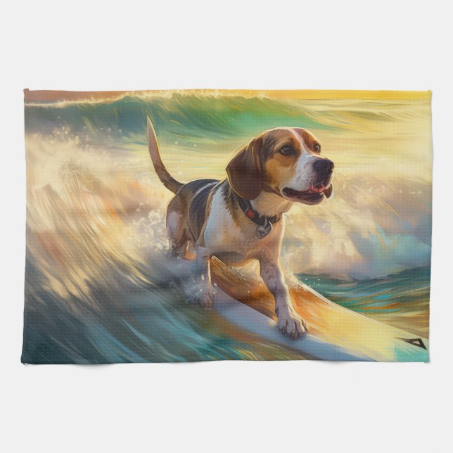 Beagle Beach Surfen Malerei Geschirrtuch (Horizontal)