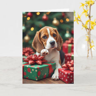 Beagle beim Einpacken von Weihnachtsgeschenken Mal Karte