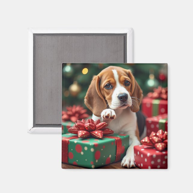 Beagle beim Einpacken von Weihnachtsgeschenken Mal Magnet (Vorderseite/Rückseite)