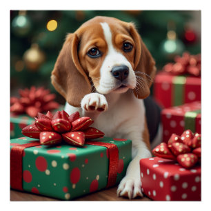 Beagle beim Einpacken von Weihnachtsgeschenken Mal Poster