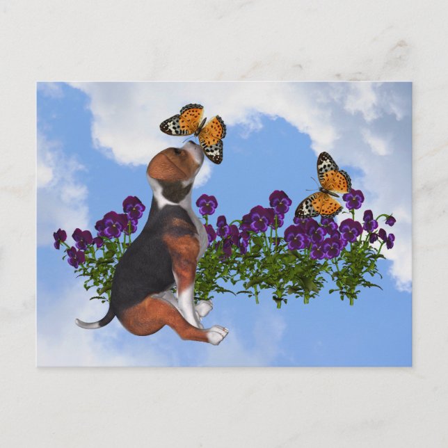 Beagle Butterflies Stiefmütterchen Niedlicher Hund Postkarte (Vorderseite)