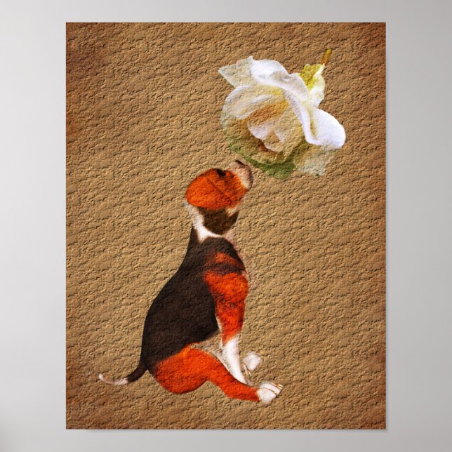 Beagle Chiot Rose Papier vieilli Poster d'art  (Devant)