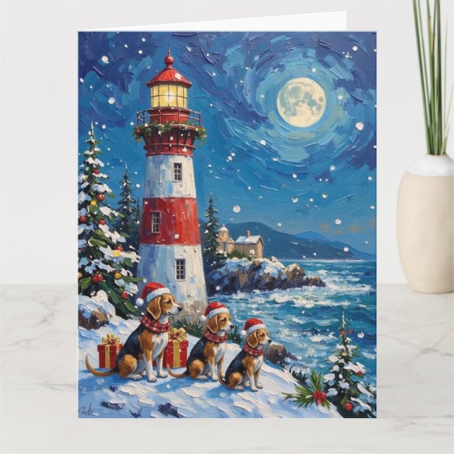 Beagle Christmas Lighthouse Holiday Karte (Vorderseite)