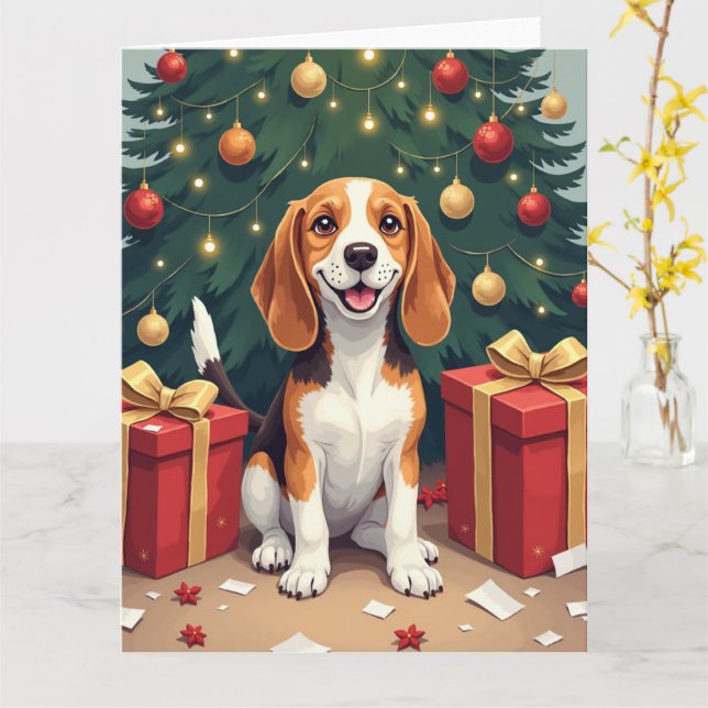 Beagle Christmas Morning Gift-Unboxing Painting Karte (Gelbe Blume)