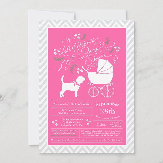 Beagle Dog Baby Dusche Pink Girl Einladung (Vorderseite)