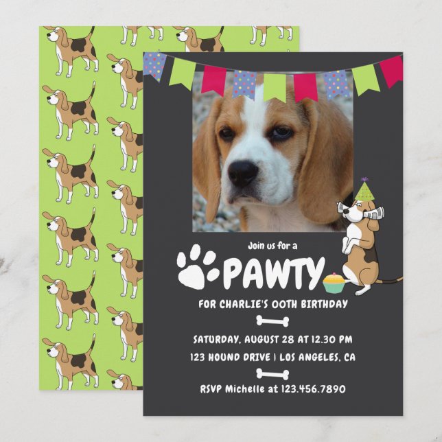 Beagle Dog Birthday Foto Einladung (Vorne/Hinten)