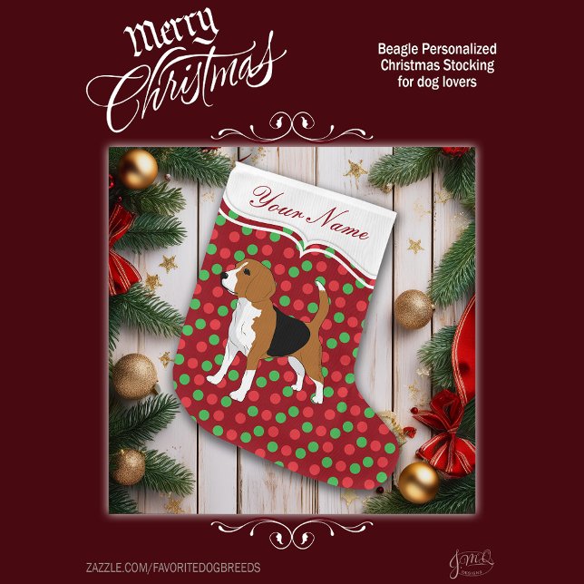 Beagle Dog Christmas Red Dots Personalisiert Großer Weihnachtsstrumpf (Personalize this stocking with a name to make a great addition to your holiday decor.)
