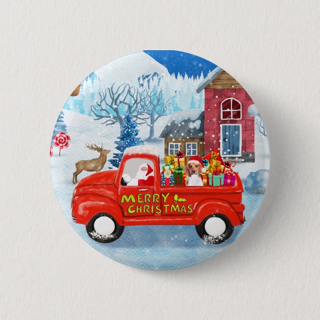 Beagle Dog in Christmas Delivery LKW Schnee Button (Vorderseite)