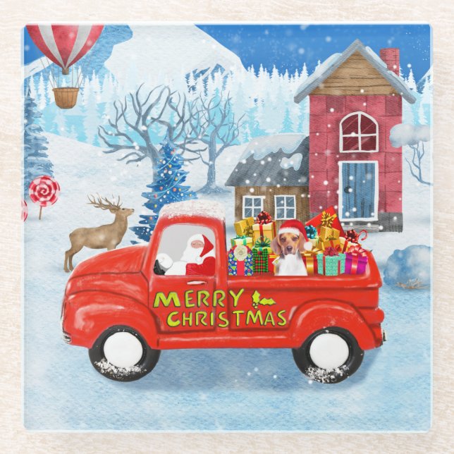 Beagle Dog in Christmas Delivery LKW Schnee Glasuntersetzer (Vorderseite)