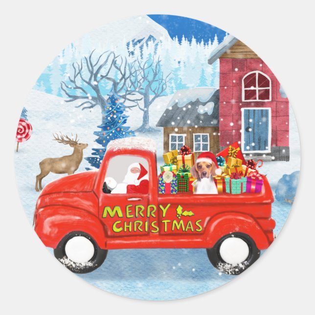 Beagle Dog in Christmas Delivery LKW Schnee Runder Aufkleber (Vorderseite)