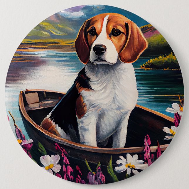 Beagle Dog on a Paddle: Ein Landschaftliches Abent Button (Vorderseite)