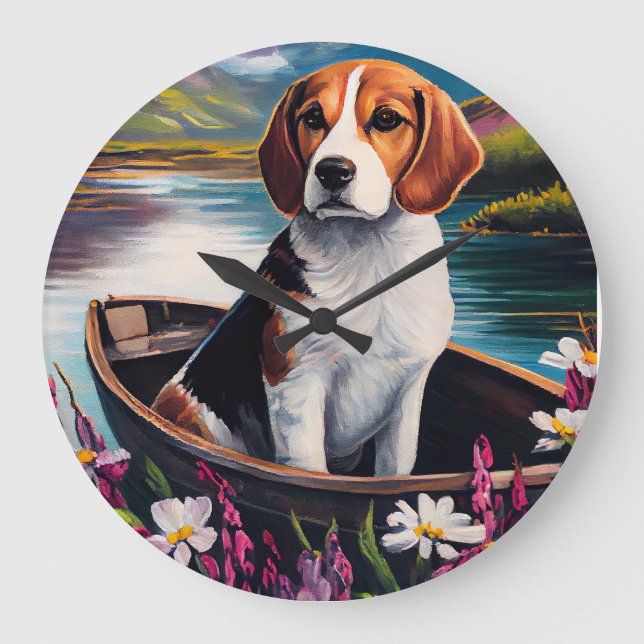 Beagle Dog on a Paddle: Ein Landschaftliches Abent Große Wanduhr (Vorderseite)