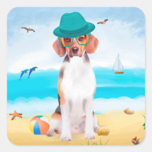 Beagle Dog on Beach Quadratischer Aufkleber