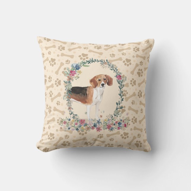 Beagle Dog Paw Print & Floral Niedlich Kissen (Vorderseite)