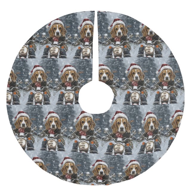 Beagle Dog Riding Motorrad Weihnachten Polyester Weihnachtsbaumdecke (Vorderseite)