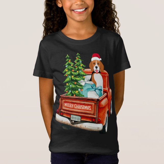 Beagle Dog Riding Red Truck Weihnachten T-Shirt (Vorderseite)