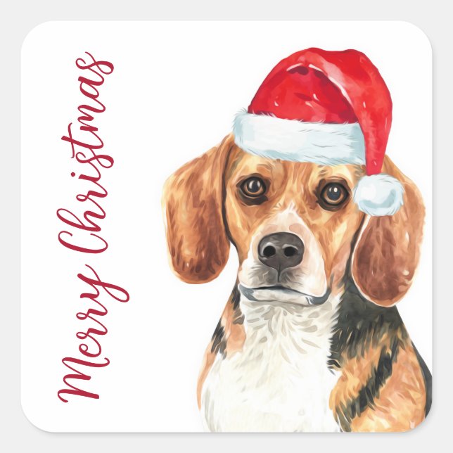 Beagle Dog Santa Niedlich Frohe Weihnachten Quadratischer Aufkleber (Vorderseite)