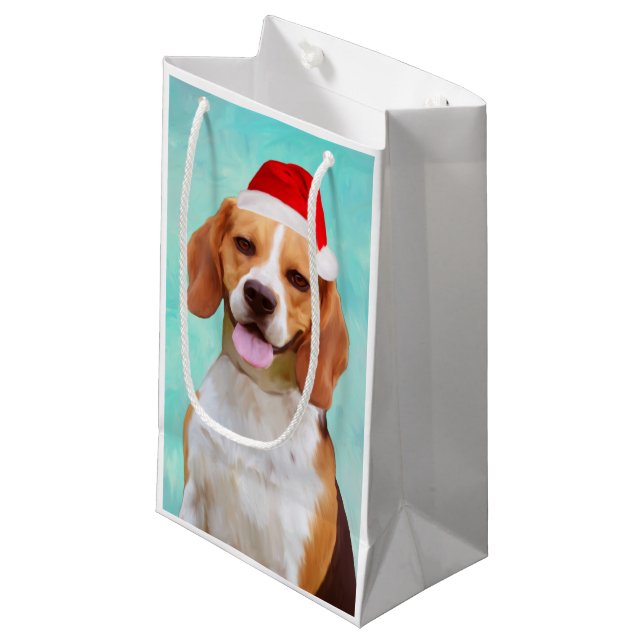 Beagle Dog Weihnachts-Weihnachtsmannmütze Portrait Kleine Geschenktüte (Vorderseite Schrägansicht)