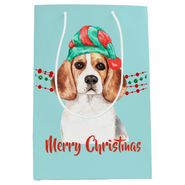 Beagle Dog Weihnachtsmannmütze Holiday String Bead Mittlere Geschenktüte (Vorderseite)